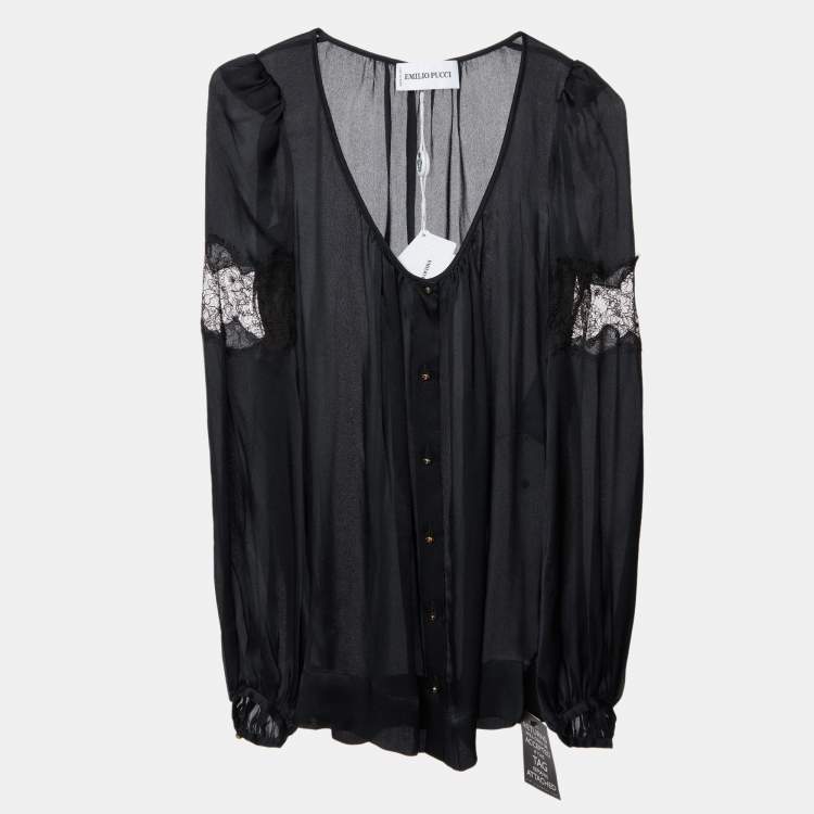 Pre Owned Emilio Pucci Black Silk Lace Trim Top S