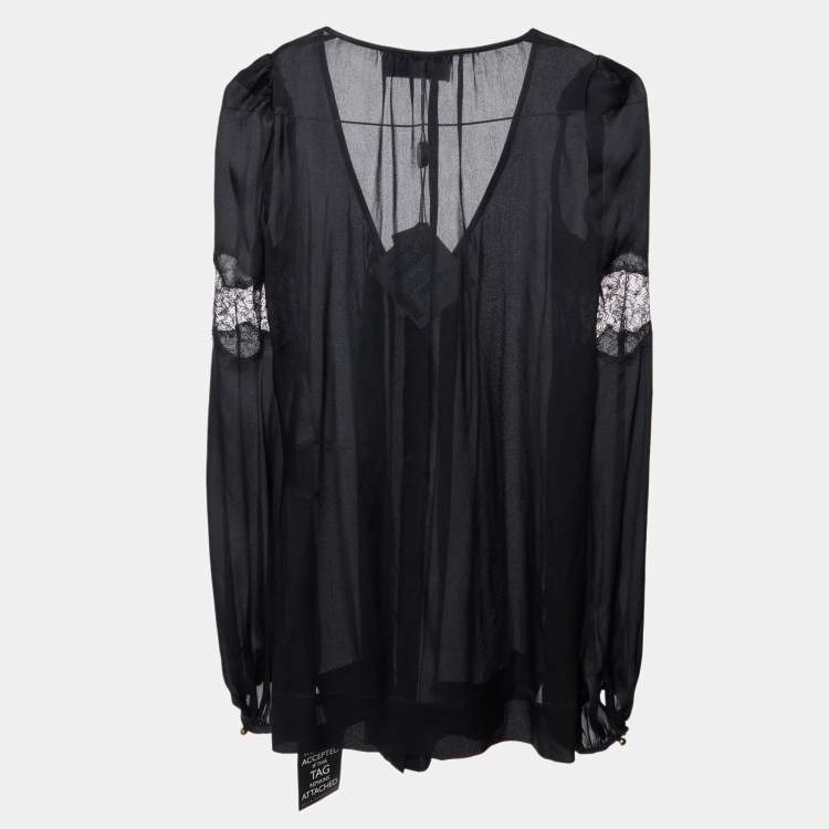 Pre Owned Emilio Pucci Black Silk Lace Trim Top S