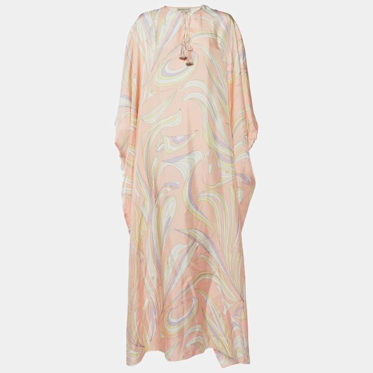 Pre Owned Emilio Pucci Peach Vortici Print Silk Kaftan One Size