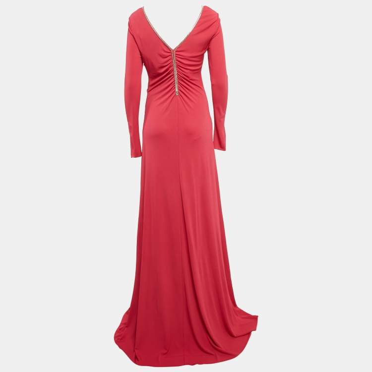 Pre Owned Emilio Pucci Pink Jersey Stud Detail Ruched Maxi Dress M