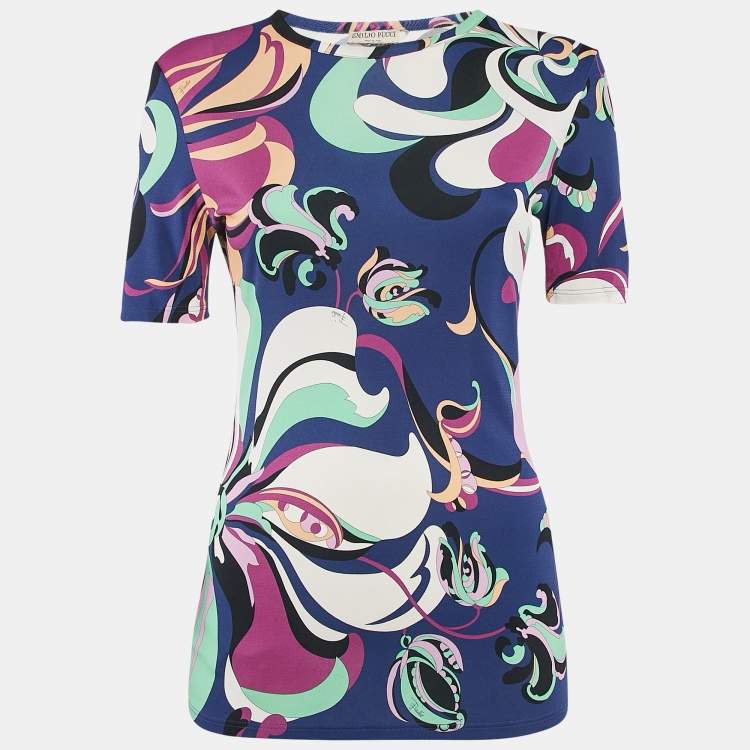 Pre Owned Emilio Pucci Multicolor Printed Jersey Round Neck Top M