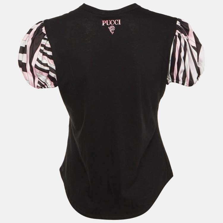 Pre Owned Pucci Black Cotton & Satin Puff Sleeve T-Shirt M