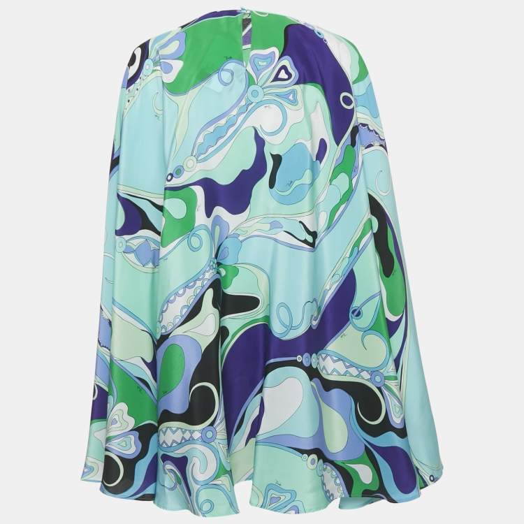 Pre Owned Emilio Pucci Green Printed Silk Mini Kaftan Dress S