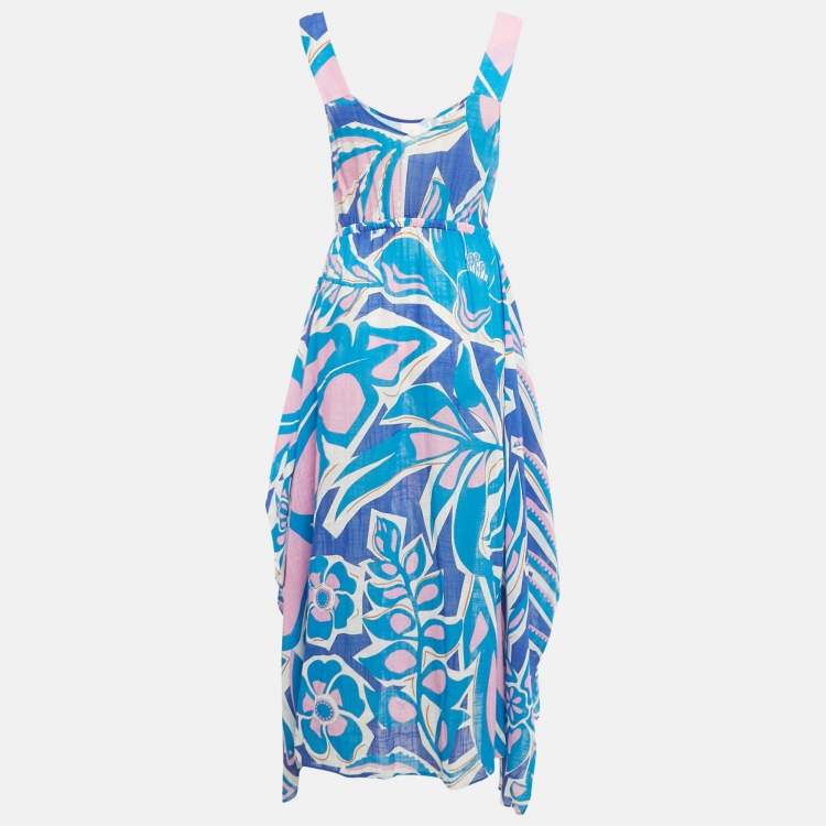 Pre Owned Emilio Pucci Blue Printed Cotton Asymmetric Hem Midi Dress M