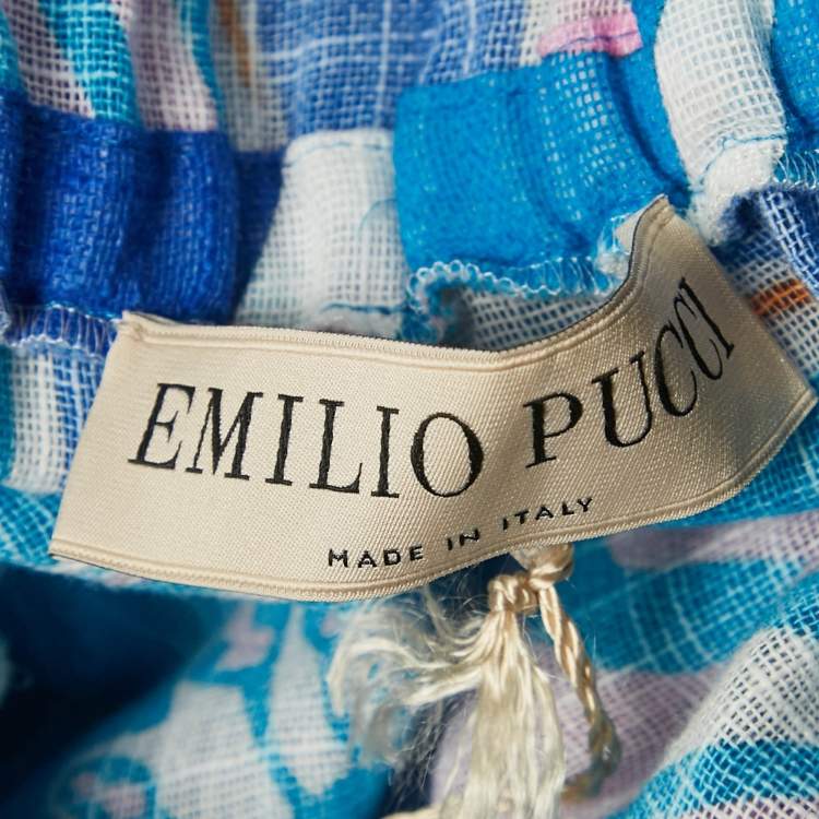 Pre Owned Emilio Pucci Blue Printed Cotton Asymmetric Hem Midi Dress M