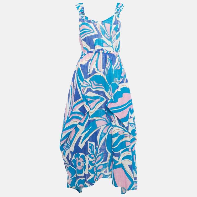 Pre Owned Emilio Pucci Blue Printed Cotton Asymmetric Hem Midi Dress M
