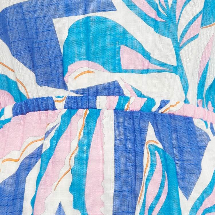 Pre Owned Emilio Pucci Blue Printed Cotton Asymmetric Hem Midi Dress M