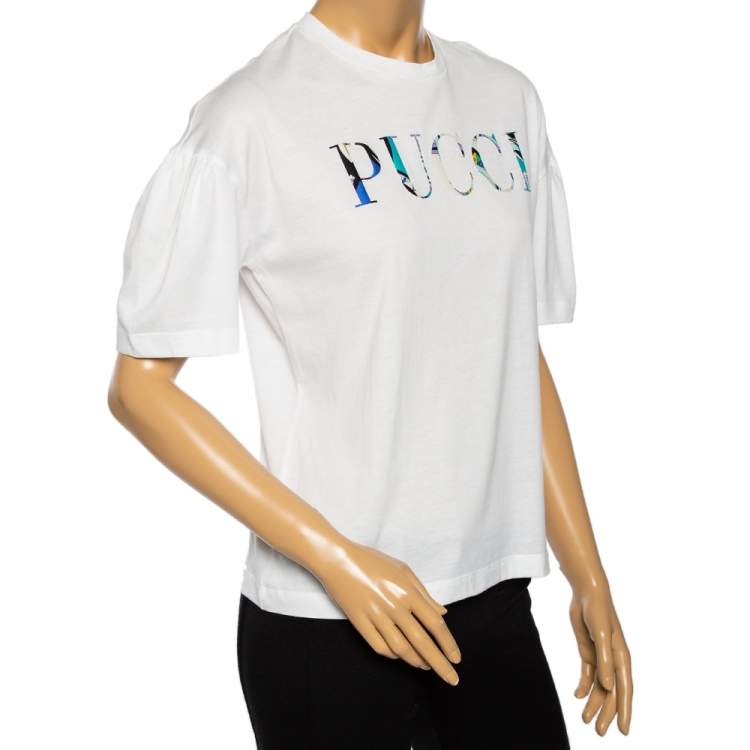 Pre Owned Emilio Pucci White Logo Printed Cotton Short Sleeve T-Shirt S