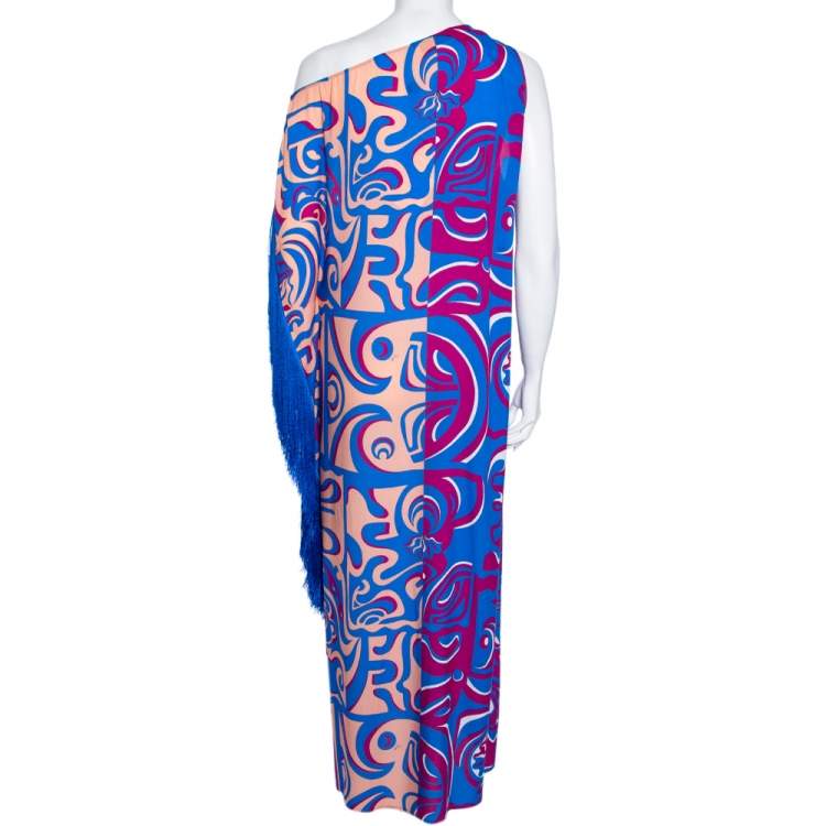 Pre Owned Emilio Pucci Multicolor Printed Rayon Tassel Detail Asymmetric Neck Maxi Dress S