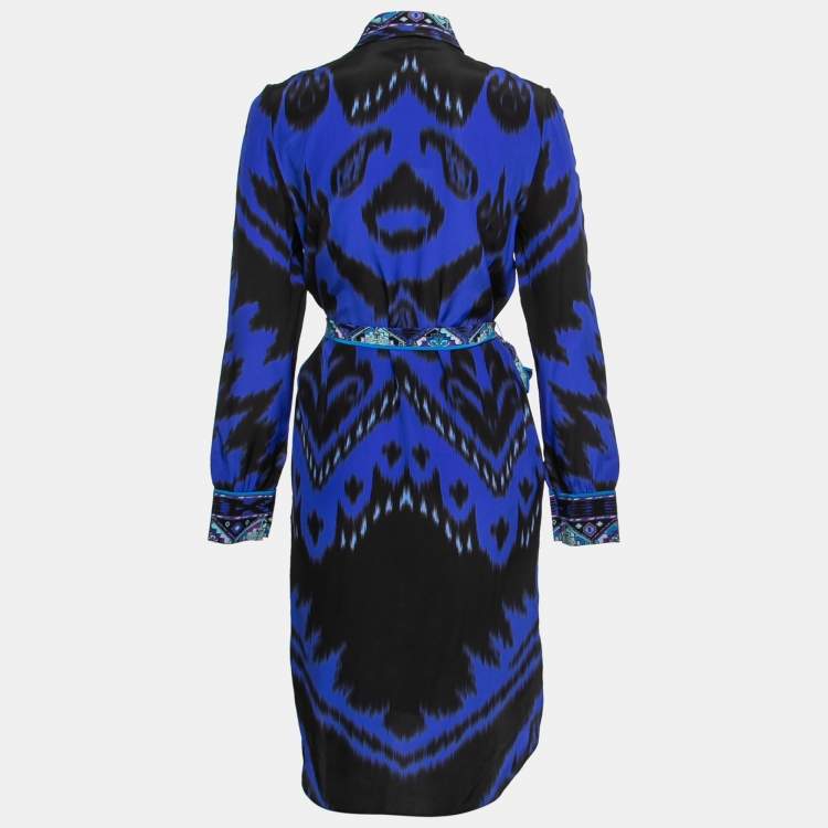 Pre Owned Emilio Pucci Blue Multicolor Printed Silk Belted Shirt Dress S