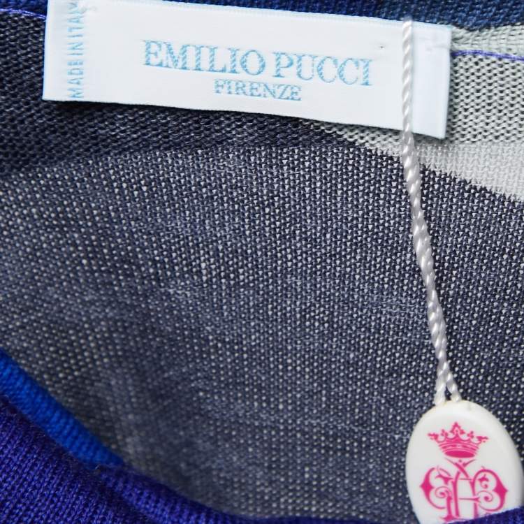 Pre Owned Emilio Pucci Blue Printed Wool High Neck Jumper L