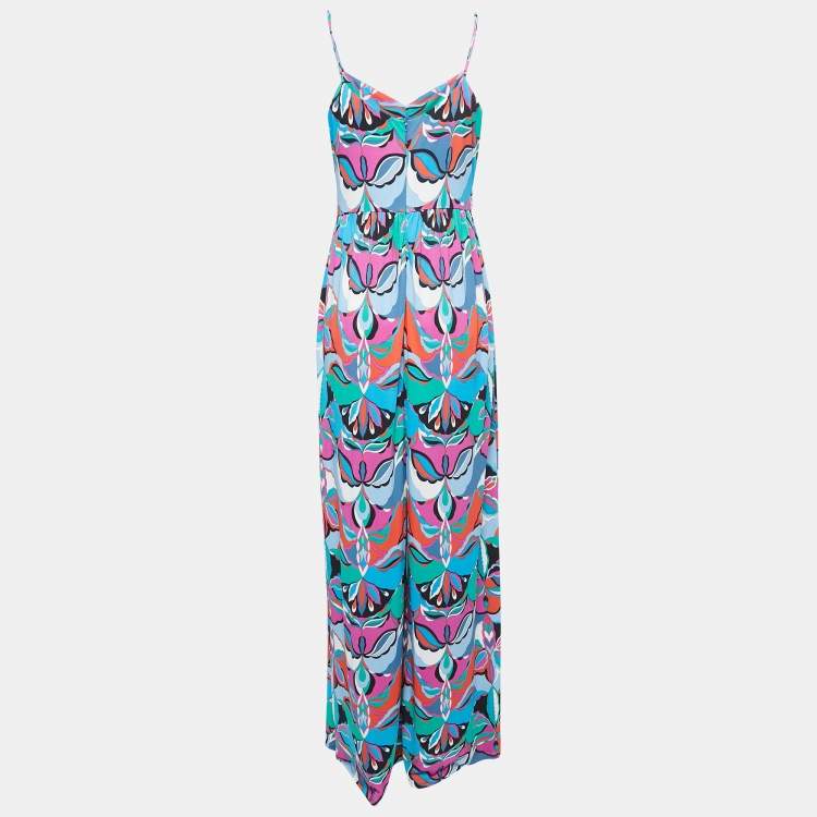 Pre Owned Emilio Pucci Multicolor Printed Jersey Strappy Wide-Leg Jumpsuit L