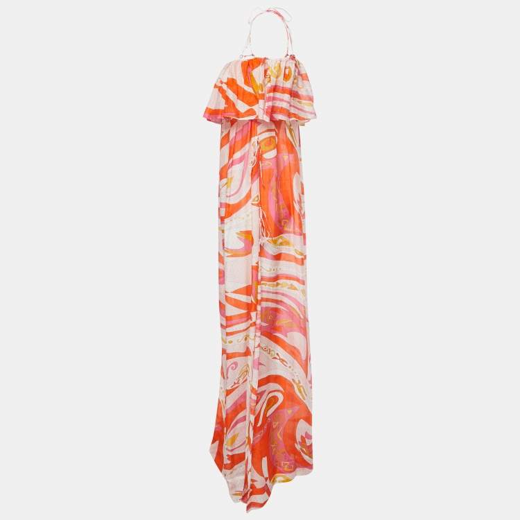Pre Owned Emilio Pucci Multicolor Printed Cotton & Silk Maxi Dress L