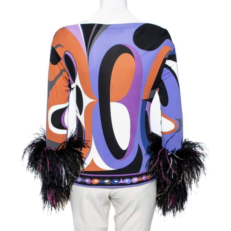 Pre Owned Emilio Pucci Archivio Multicolor Printed Jersey Feather Trim Top M