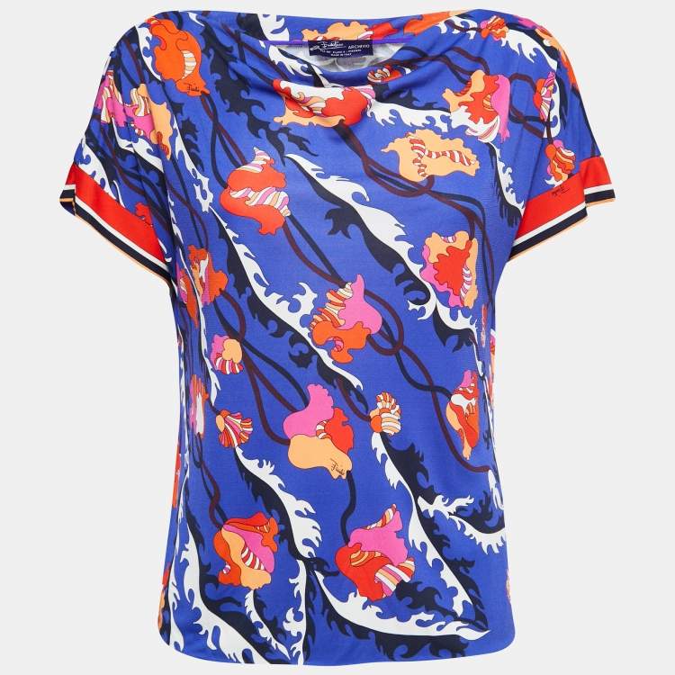 Pre Owned Emilio Pucci Archivio Blue Floral Print Jersey Short Sleeve Top M