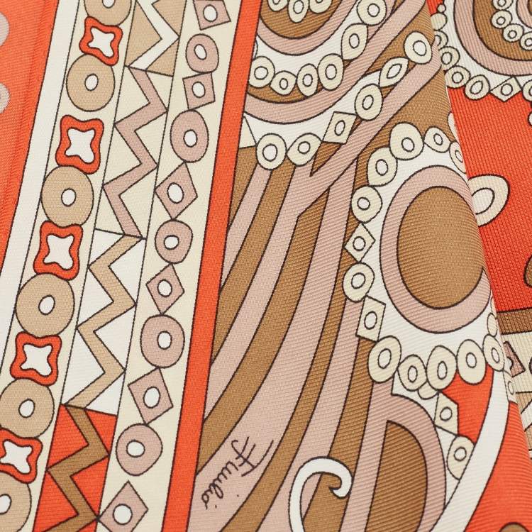 Pre Owned Emilio Pucci Orange Printed Silk Diamond Scarf