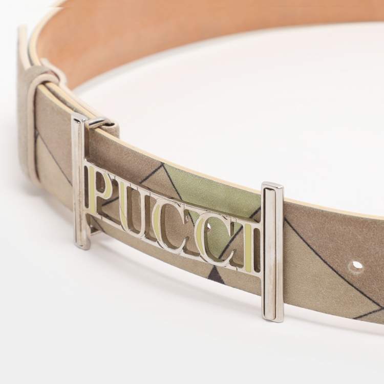 Pre Owned Emilio Green/Khaki Suede Logo Buckle Belt 85CM