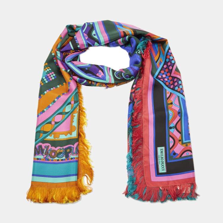 Pre Owned Emilio Pucci Multicolor Printed Silk Fringed Scarf