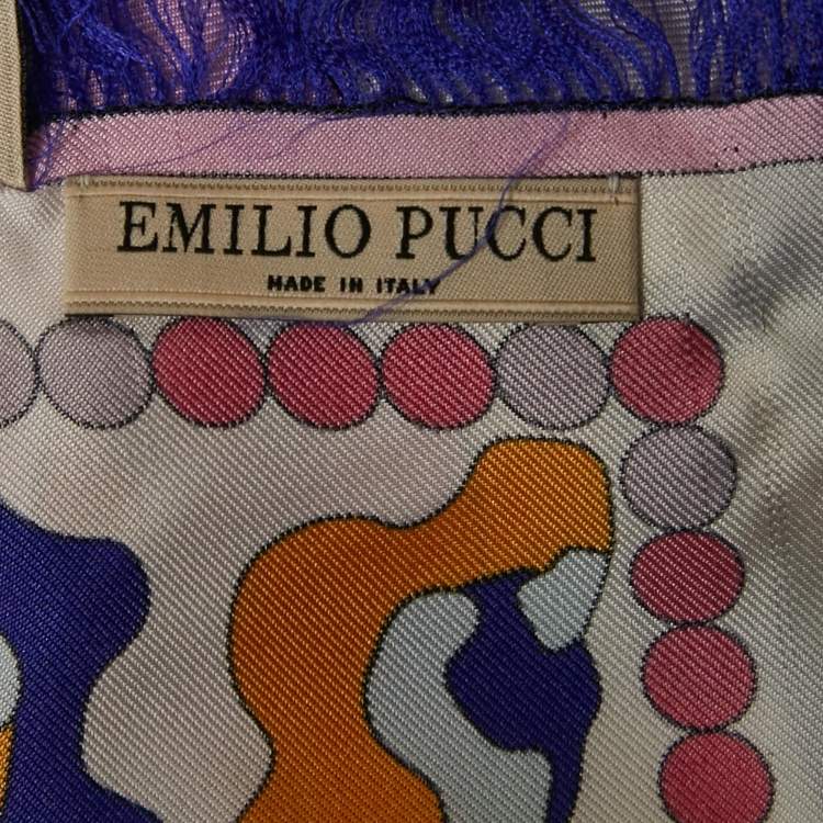 Pre Owned Emilio Pucci Blue Printed Silk Fringed Scarf