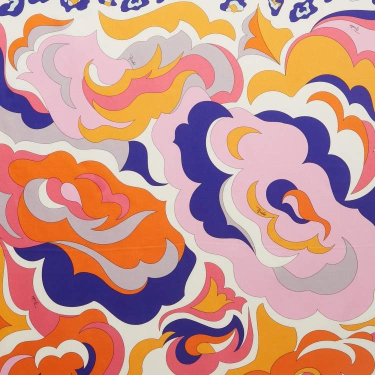 Pre Owned Emilio Pucci Blue Printed Silk Fringed Scarf