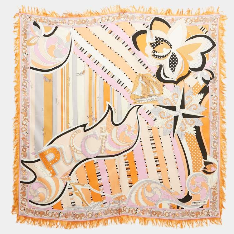 Pre Owned Emilio Pucci Orange/Pink Printed Silk Fringed Scarf