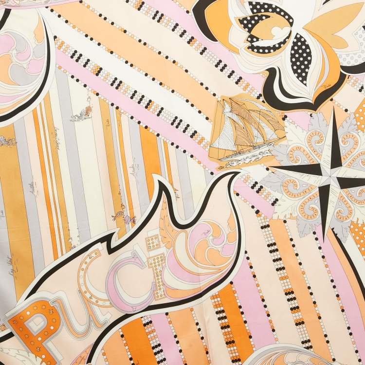 Pre Owned Emilio Pucci Orange/Pink Printed Silk Fringed Scarf