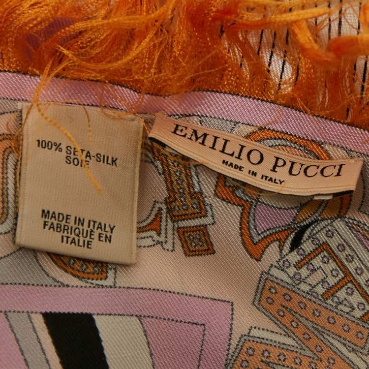 Pre Owned Emilio Pucci Orange/Pink Printed Silk Fringed Scarf