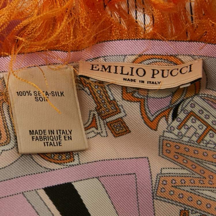 Pre Owned Emilio Pucci Orange/Pink Printed Silk Fringed Scarf