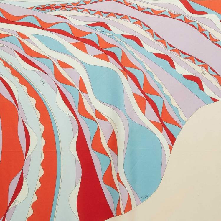 Pre Owned Emilio Pucci Orange/Blue Printed Silk Square Scarf