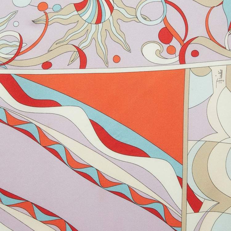 Pre Owned Emilio Pucci Orange/Blue Printed Silk Square Scarf