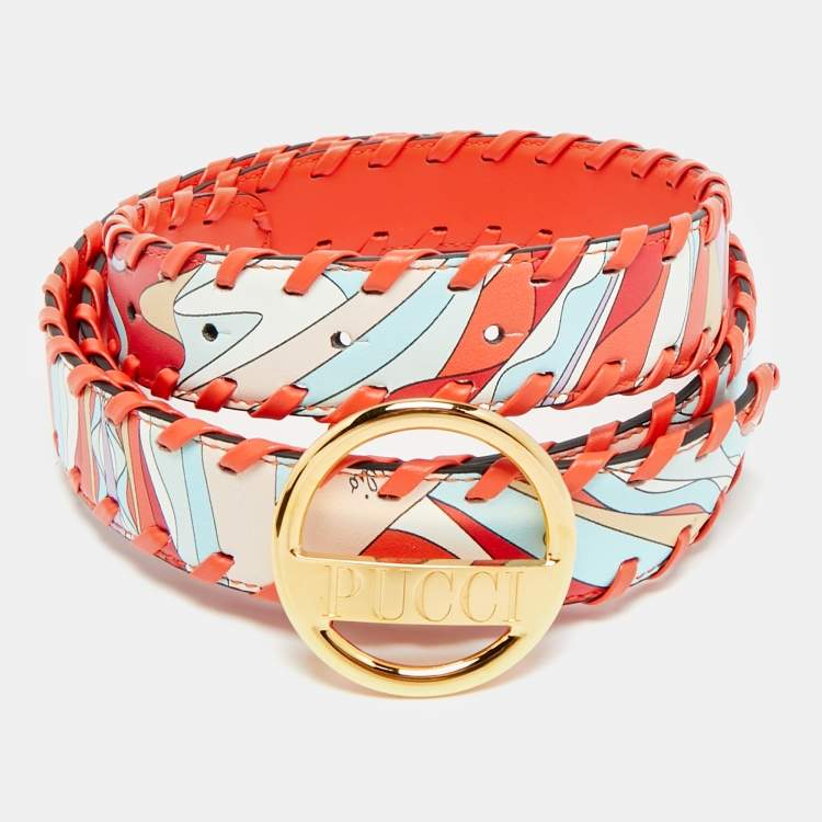 مملوكة مسبقًا Emilio Pucci Whipstitch M Round Buckle Orange Printed Leather