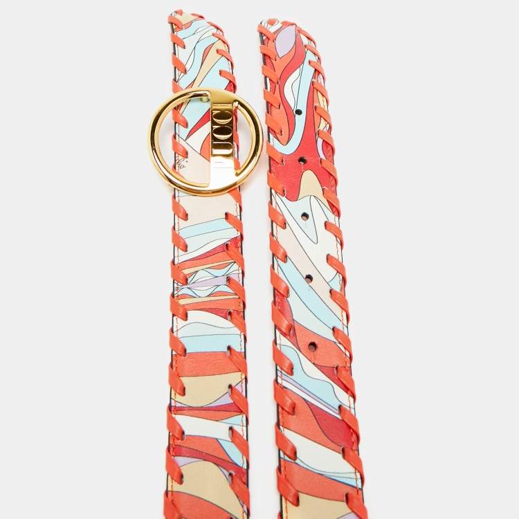 مملوكة مسبقًا Emilio Pucci Whipstitch M Round Buckle Orange Printed Leather