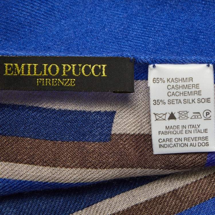 Pre Owned Emilio Pucci Blue Geometric Print Cashmere & Silk Fringed Scarf