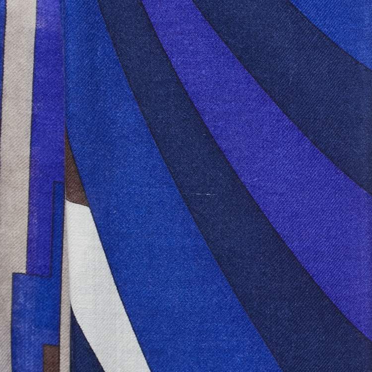 Pre Owned Emilio Pucci Blue Geometric Print Cashmere & Silk Fringed Scarf