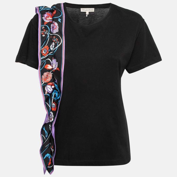 Pre Owned Emilio Pucci Black Floral Print Silk Frill Jersey T-Shirt S