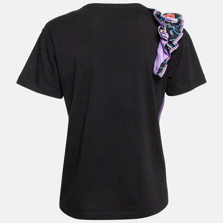 Pre Owned Emilio Pucci Black Floral Print Silk Frill Jersey T-Shirt S