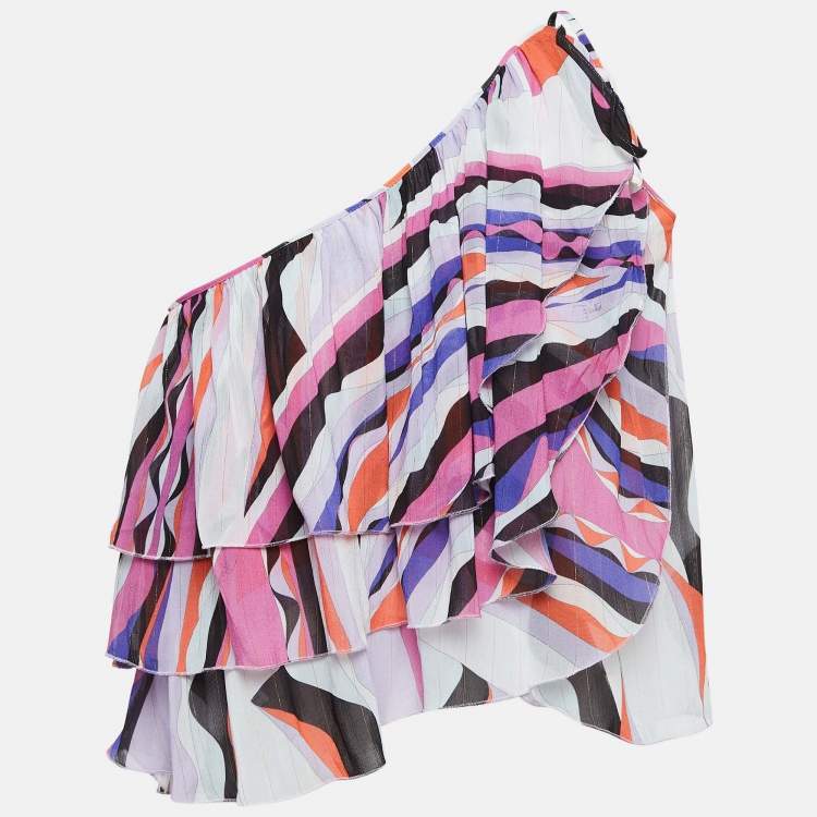 Pre Owned Emilio Pucci Multicolor Lurex Crepe One Shoulder Ruffled Crop Top S