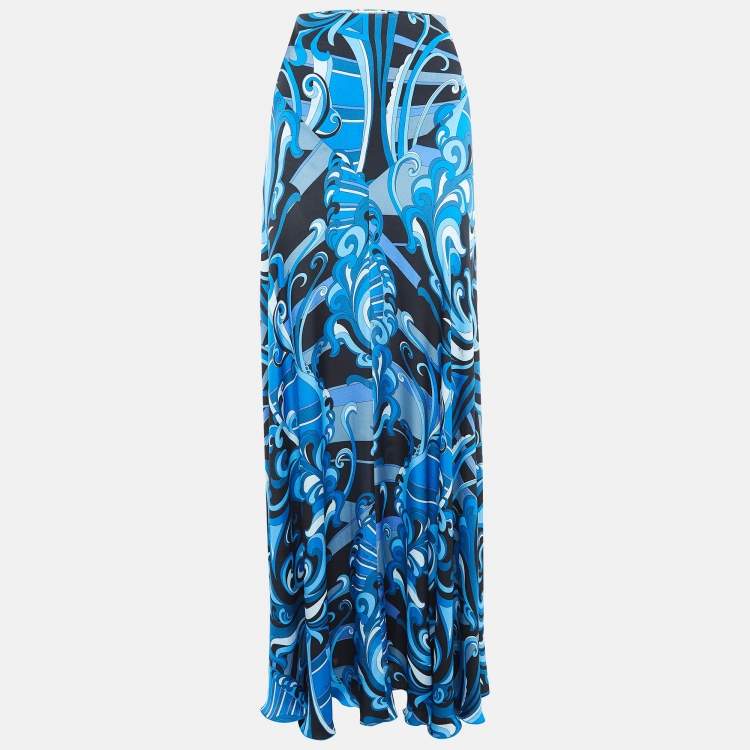 Pre Owned Emilio Pucci Blue Printed Silk Flared Maxi Skirt S