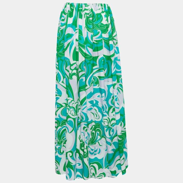 Pre Owned Emilio Pucci Green Printed Cotton Maxi Skirt M