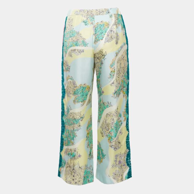 Pre Owned Emilio Pucci Multicolor Printed Satin Lace Trim Trousers S