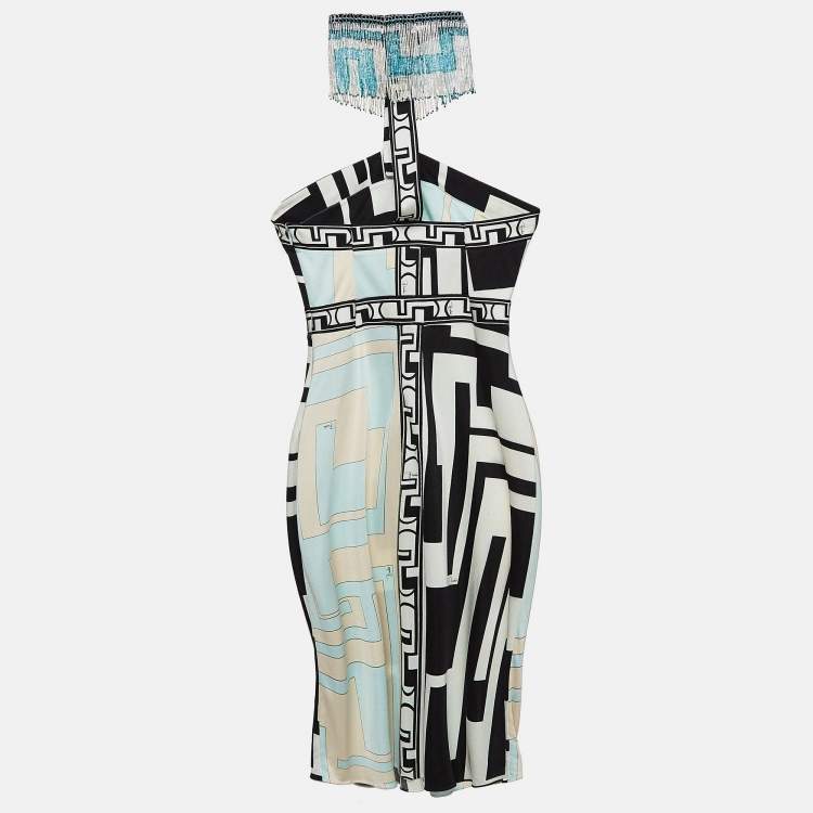 Pre Owned Emilio Pucci Multicolor Silk Beaded Halter Neck Short Dress M