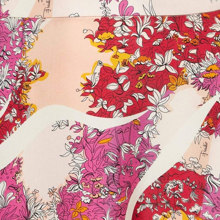 Pre Owned Emilio Pucci Multicolor Silk Asymmetric Fringed Midi Skirt S
