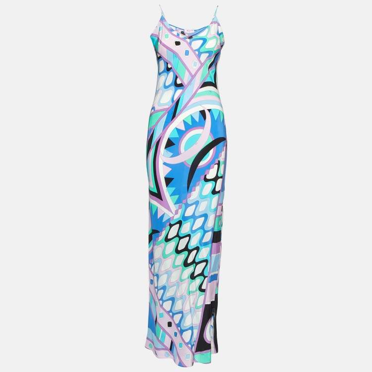 Pucci Blue Vivara Print Silk Sleeveless Maxi Dress M Emilio