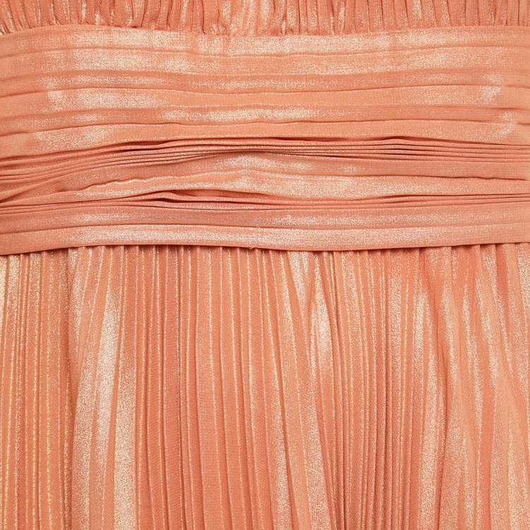 Pre Owned Emilio Pucci Metallic Orange Pleated Crepe V-Neck Gown S