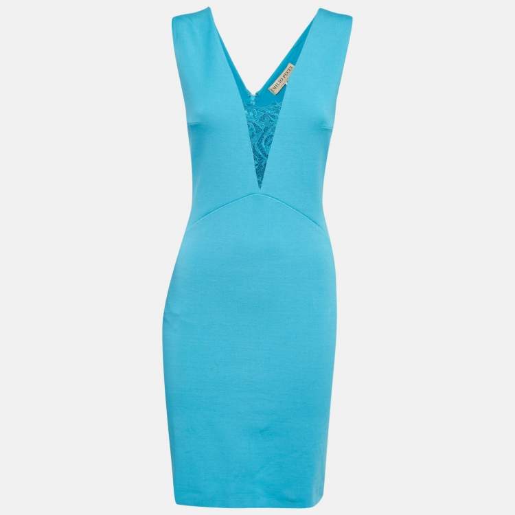 Pre Owned Emilio Pucci Blue Jersey V-Neck Lace Trimmed Mini Dress M