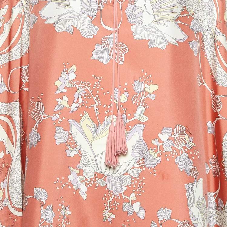 Pre Owned Emilio Pucci Peach/Pink Floral Print Silk Kaftan One Size