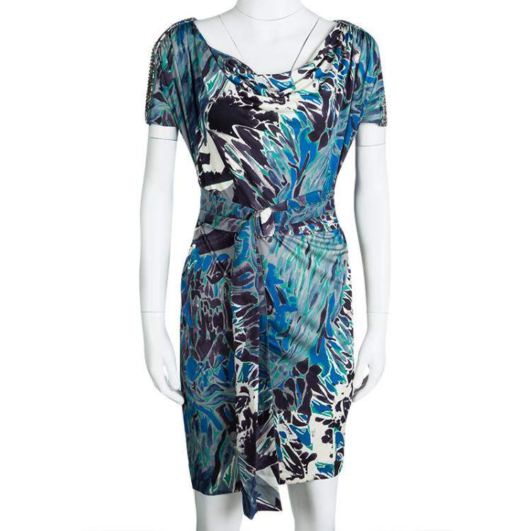 Pre Owned Emilio Pucci Multicolor Printed Silk Embellished Shoulder Detail Belted Dress S