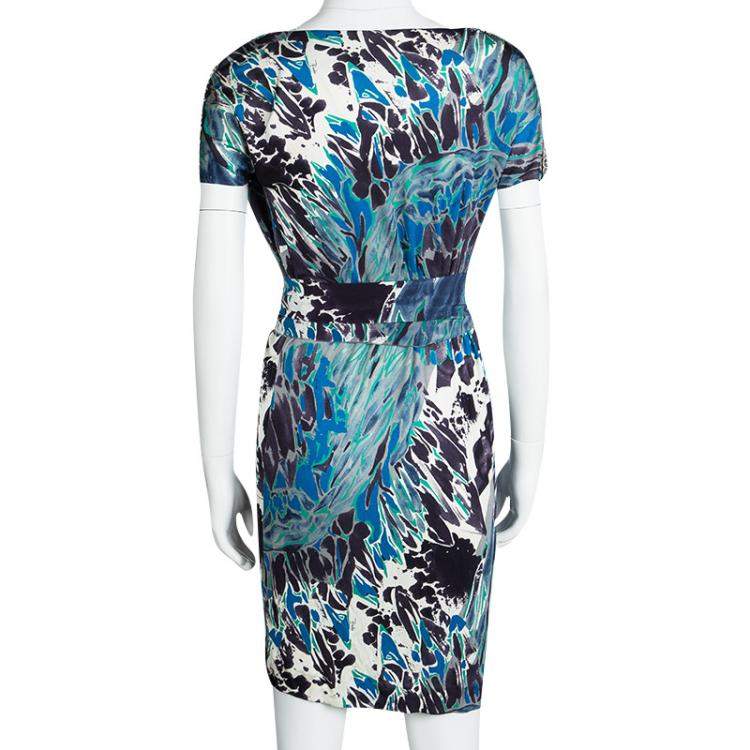 Pre Owned Emilio Pucci Multicolor Printed Silk Embellished Shoulder Detail Belted Dress S