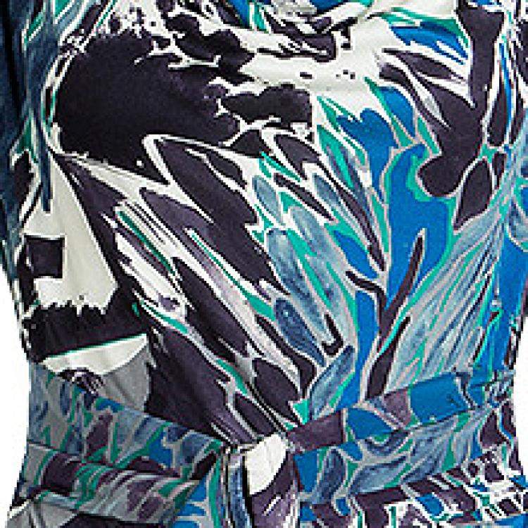 Pre Owned Emilio Pucci Multicolor Printed Silk Embellished Shoulder Detail Belted Dress S