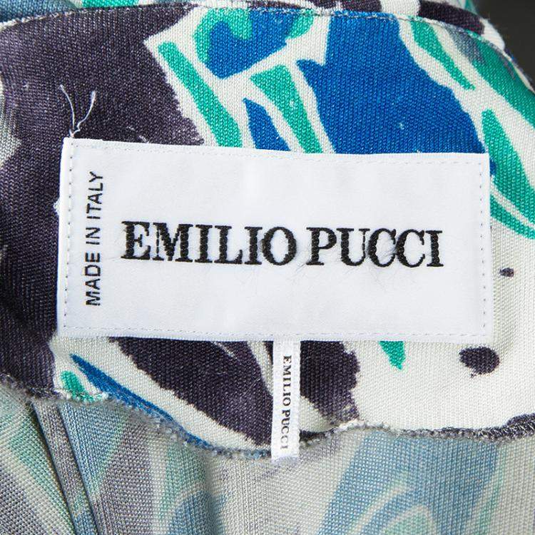 Pre Owned Emilio Pucci Multicolor Printed Silk Embellished Shoulder Detail Belted Dress S